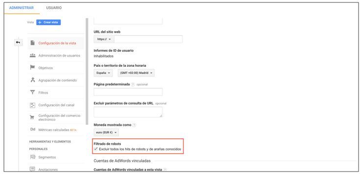 Cómo filtrar bots y spiders a través de google analytics - opción excluir robots con analytics