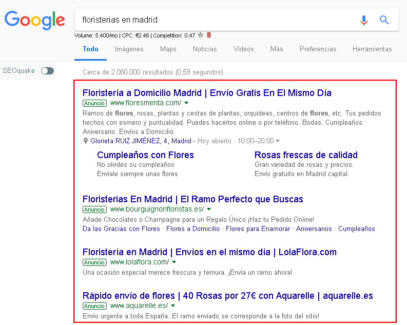 Cómo analizar la estrategia PPC de la competencia - 1 ANALISIS DE ESTRATEGIAS PPC EJEMPLO FLORISTERIA EN MADRID