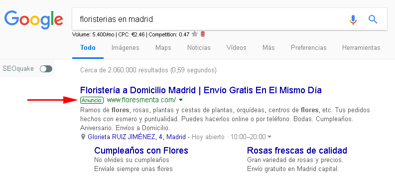 Cómo analizar la estrategia PPC de la competencia - 2 ANALISIS DE ESTRATEGIAS PPC EJEMPLO FLORISTERIA EN MADRID