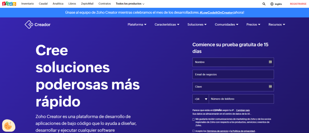 Las mejores plataformas low code para crear aplicaciones - zoho creatorr 1024x441