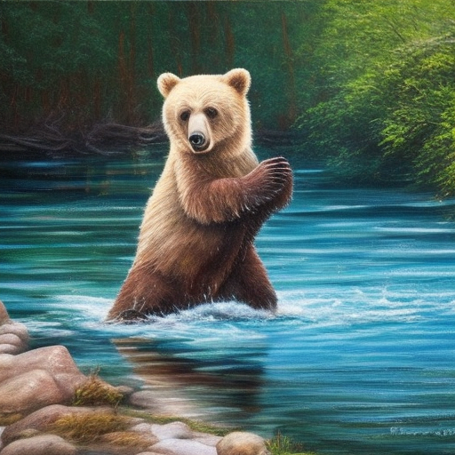 ¿Qué es un prompt en IA y cómo crear uno? - 808627415 A bear in a river catching a fish  realistic painting