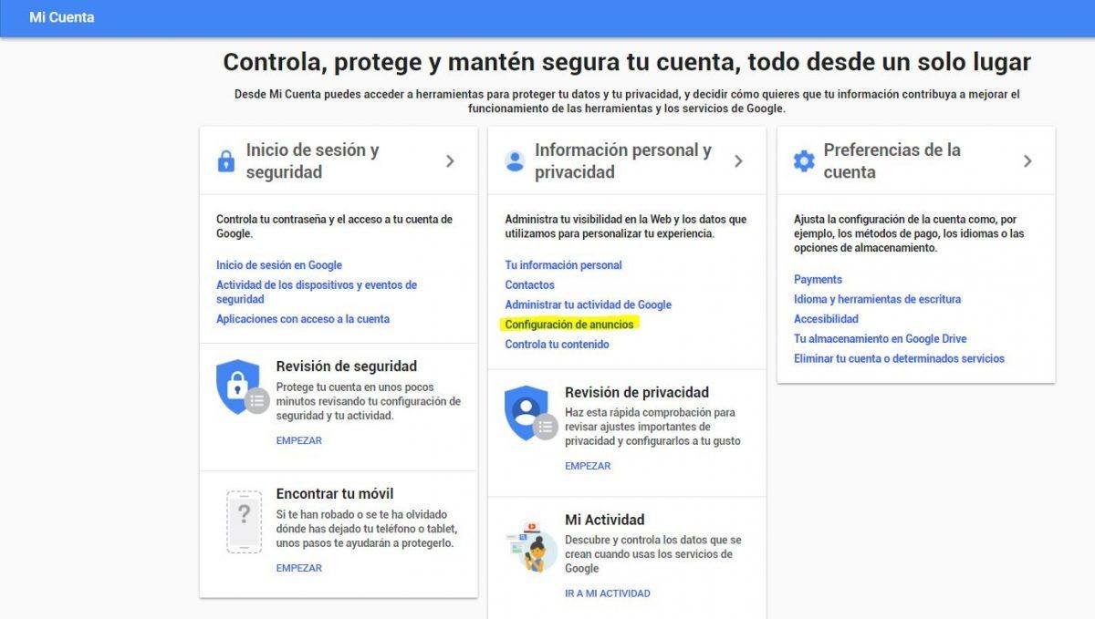 Configuración de anuncios Configuración de anuncios