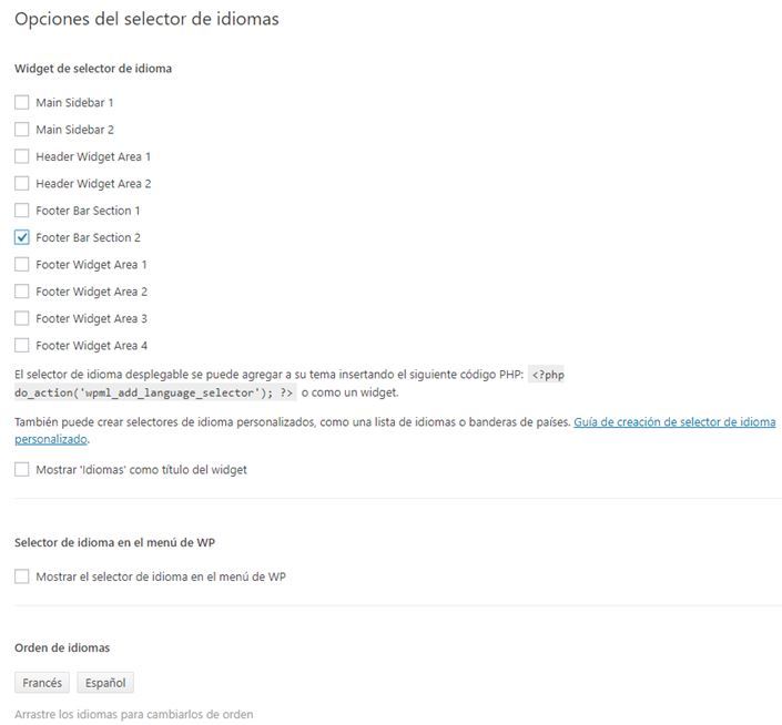 Opciones selección idiomas Opciones selección idiomas