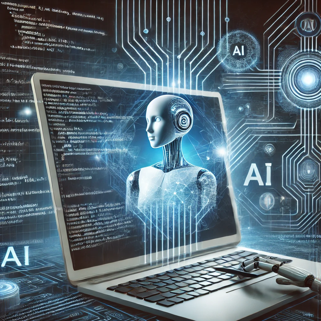Publicidad en la era de la IA conversacional: cómo llegar a tus clientes en chats y agentes autónomos - DALL·E 2024 09 14 23.44.08 A futuristic image depicting artificial intelligence AI transforming the process of software development. Show a computer screen with lines of code