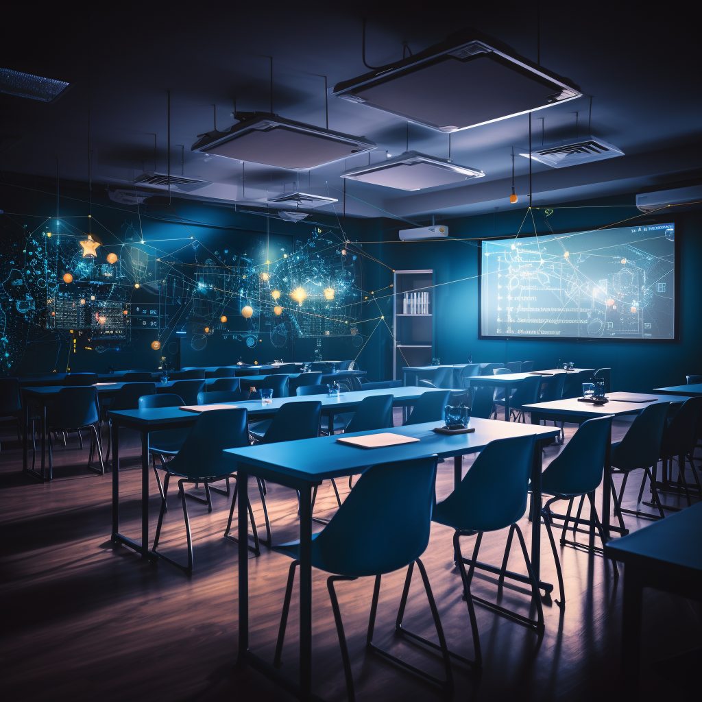 Infraestructura educativa inteligente y sostenible: el futuro de la educación - aula innovadora y futurista para estudiantes 1024x1024