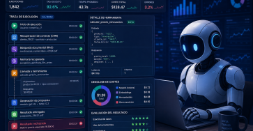 Panel ilustrativo de observabilidad de agentes de IA con trazas de ejecución, errores, costes y evaluación del resultado, junto a un robot.