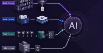 Esquema de cuatro vías de información para una IA: RAG recupera documentos, CAG precarga contexto, MAG recuerda interacciones y una API consulta un ERP.