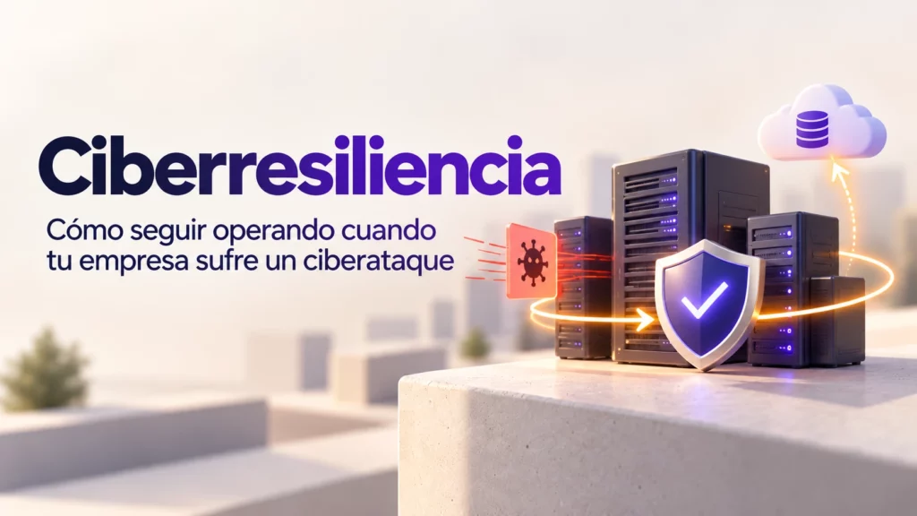 Servidores de una empresa protegidos por un escudo, con señales de ciberataque y recuperación de servicios digitales.