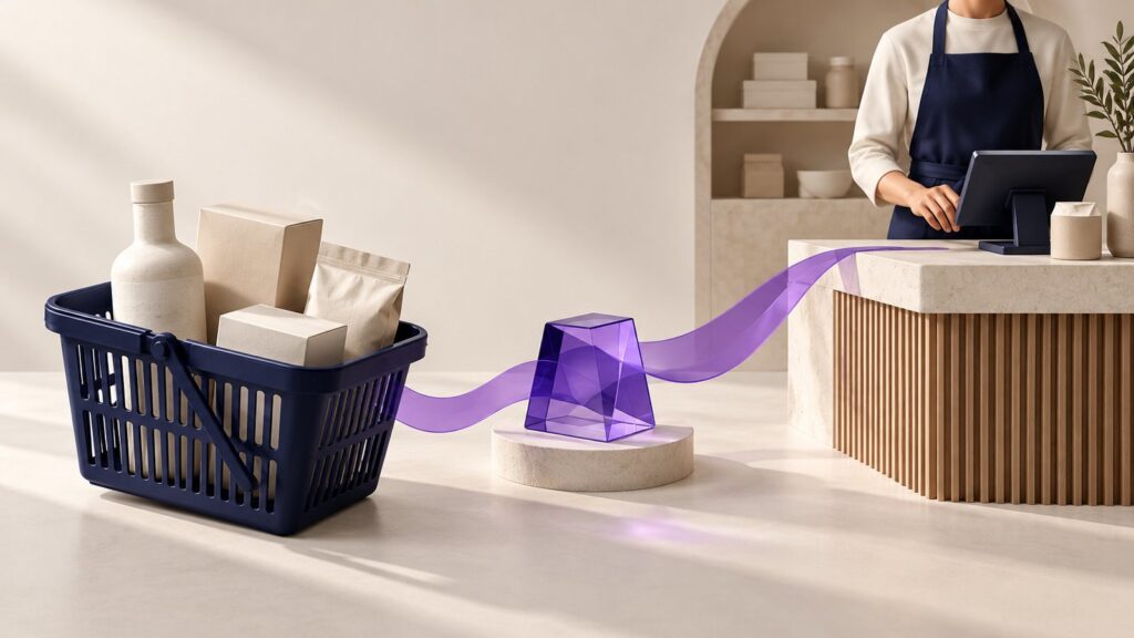Ilustración de una cesta conectada con un comercio mediante un intermediario digital violeta.