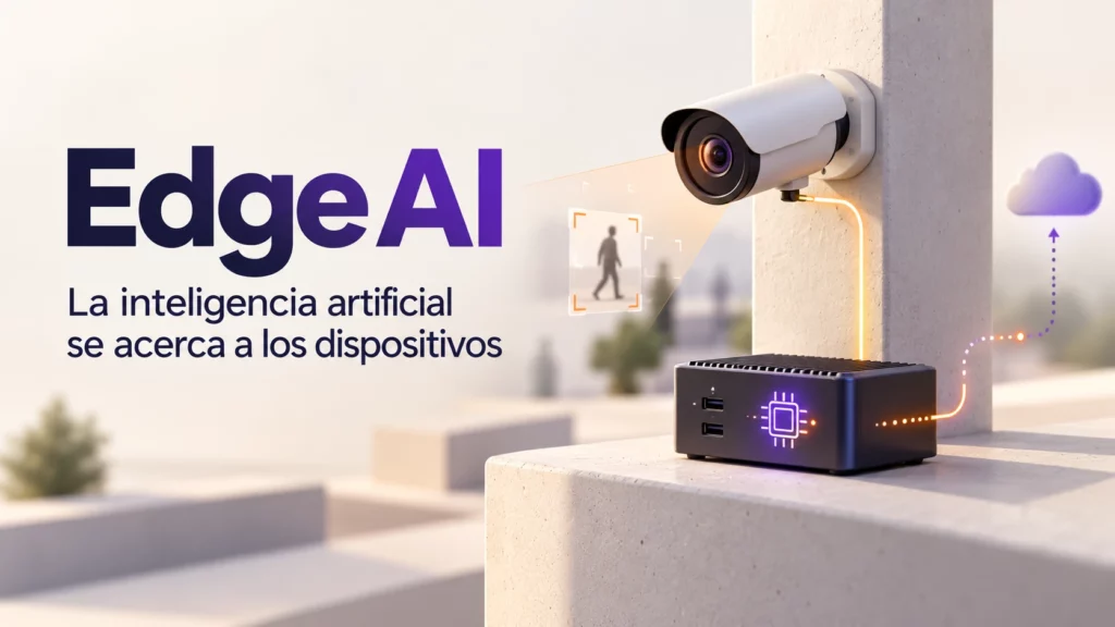 Cámara de visión artificial conectada a un procesador Edge AI que analiza imágenes localmente y reduce el envío de datos a la nube.