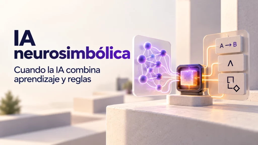 Diagrama visual de IA neurosimbólica: una red neuronal conectada a un motor de reglas y razonamiento lógico.